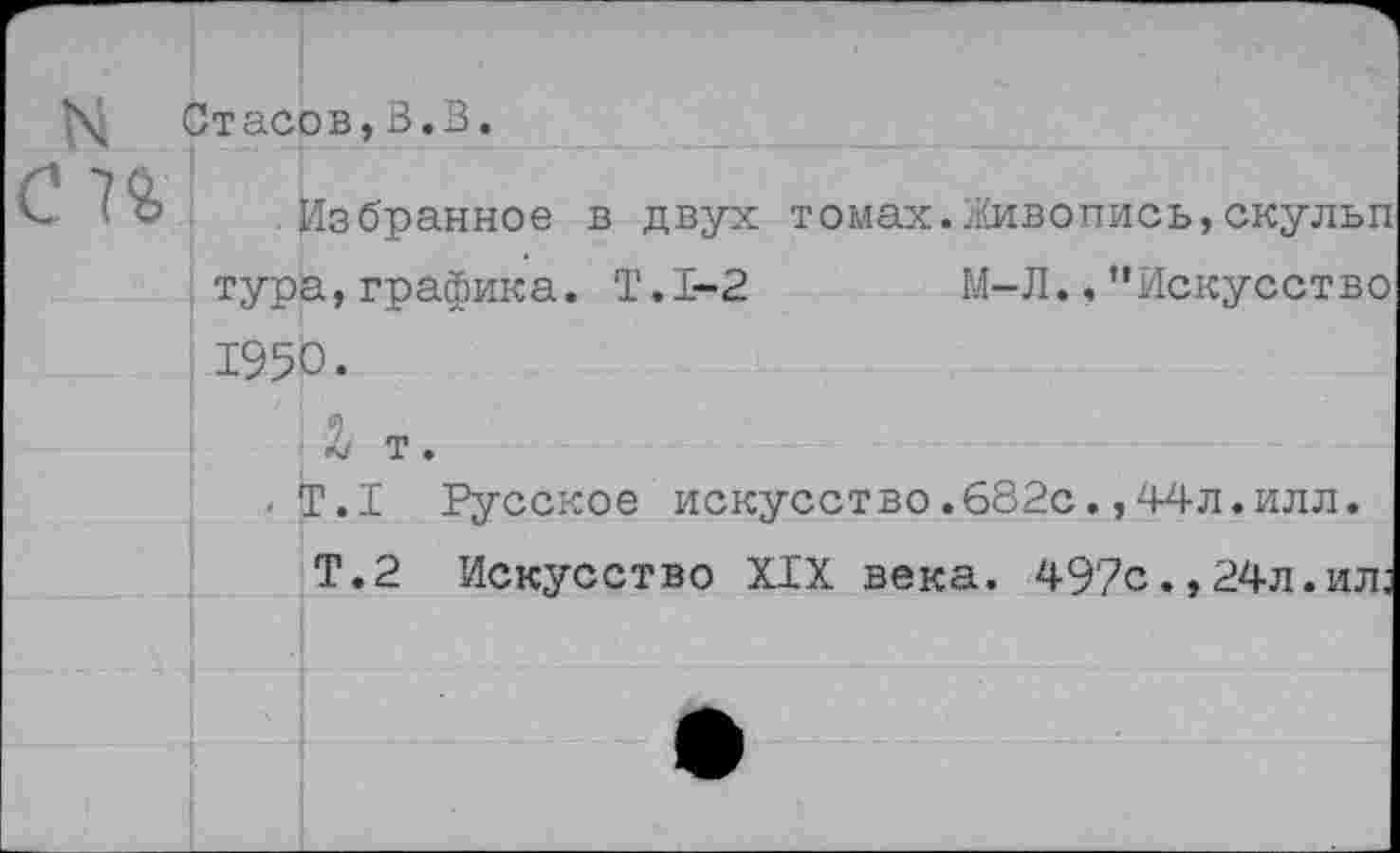 ﻿\ Стасов,3.В.
7&	Избранное в двух томах.Живопись,скульп
тура,графика. Т.1-2	М-Л.."Искусство
1950.
• 2/ т.
. Т.1 Русское искусство.682с.,44л.илл. Т.2 Искусство XIX века. 497с24л.ил;